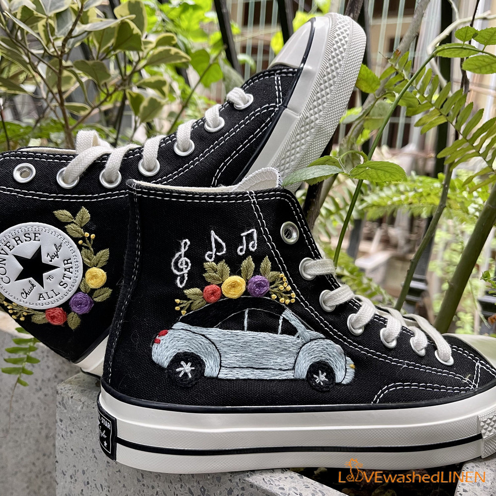 Custom Embroidered Converse High Tops Chuck Taylor 1970s Car Flowers Embroidered Converse Beetle Car Flowers Embroidered Sneakers - 1.jpg
