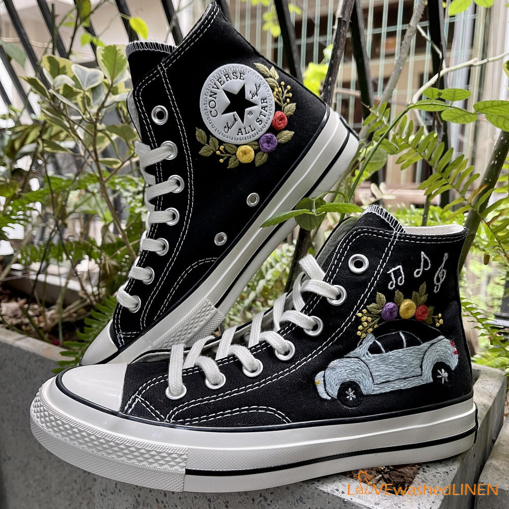Custom Embroidered Converse High Tops Chuck Taylor 1970s Car Flowers Embroidered Converse Beetle Car Flowers Embroidered Sneakers - 2.jpg