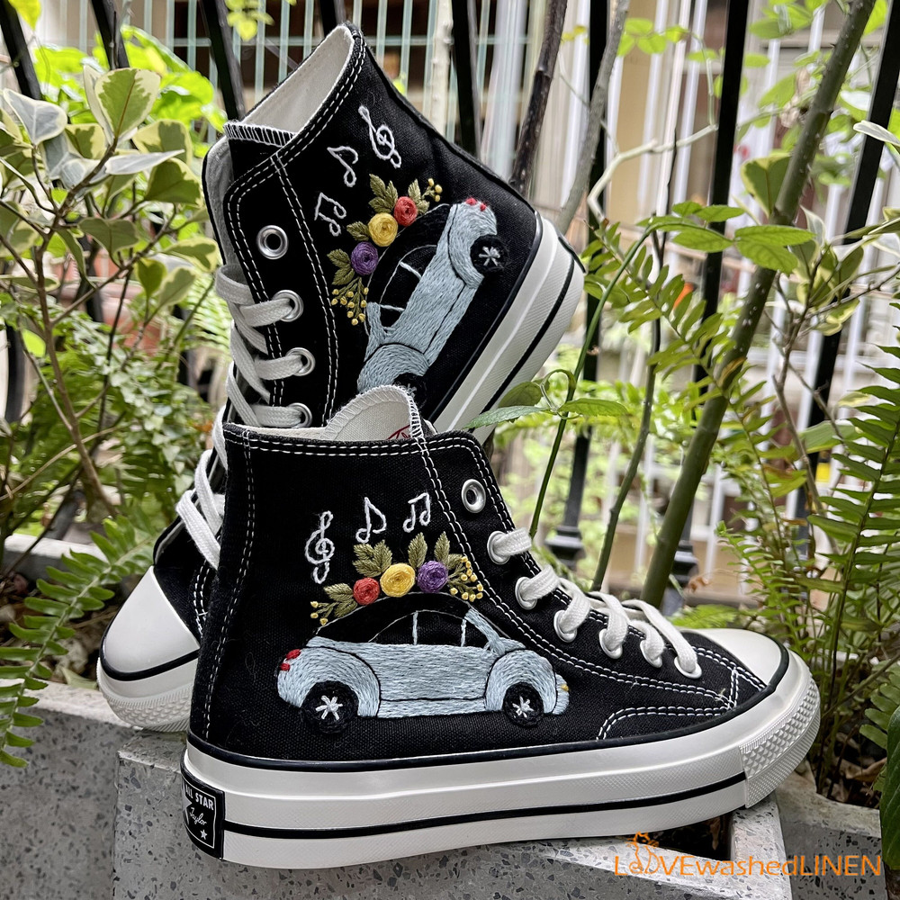 Custom Embroidered Converse High Tops Chuck Taylor 1970s Car Flowers Embroidered Converse Beetle Car Flowers Embroidered Sneakers - 4.jpg