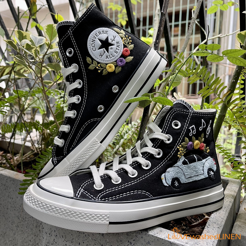 Custom Embroidered Converse High Tops Chuck Taylor 1970s Car Flowers Embroidered Converse Beetle Car Flowers Embroidered Sneakers - 5.jpg