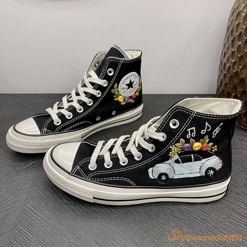 Custom Embroidered Converse High Tops Chuck Taylor 1970s Car Flowers Embroidered Converse Beetle Car Flowers Embroidered Sneakers - 6.jpg