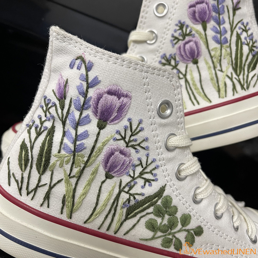 Custom Embroidered Converse High Tops Chuck Taylor 1970s Hand Embroidered Wedding Bouquet Converse Embroidered Wedding Bouquet Sneakers - 4.jpg