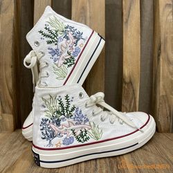 custom embroidered converse, custom converse chuck taylor embroidered pink dandelion flower, embroidered converse high