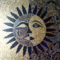 Decorative interior art work with gold Gold leaf art Graphic pattern Markers drawing Moon and sun Gold painting