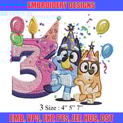 bluey bingo 3rd birthday embroidery, bluey birthday embroidery, embroidery file, cartoon design, digital download.