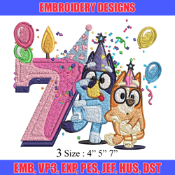 bluey bingo 7th birthday embroidery, bluey birthday embroidery, embroidery file, cartoon design, digital download.