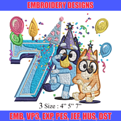 bluey bingo 7th birthday embroidery, bluey birthday embroidery, embroidery file, cartoon design, instant download.