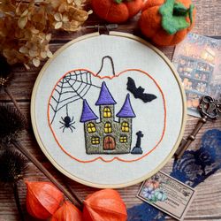 Halloween embroidery pattern Modern hand embroidery Haunted House embroidery pattern