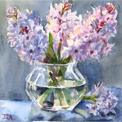 blooming hyacinths in a vase. original watercolor painting 8x8''