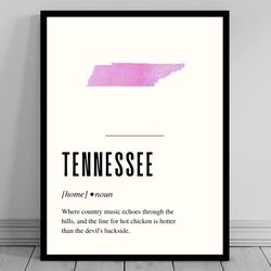 funny tennessee definition print  tennessee poster  minimalist state map  watercolor state silhouette  modern travel  wo