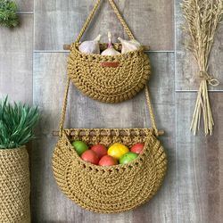 Hanging Fruit Baskets Crocheted in Boho Style is a great Idea for Kitchen Storage and Space Saving RV Camper decor