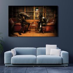 alien vs predator playing chess canvas wall art home decor hand made canvas alien predator print playing chess , poster