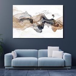 japanese landscape painting of abstract mountain canvas wall art, distant mountains poster, japan print art wall decor c