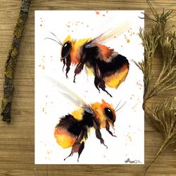 Watercolor 2 bees painting, drawing bumblebee watercolor bees painting original art by Anne Gorywine