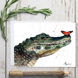 Crocodile Caiman watercolor, painting alligator watercolor sparrow bird art by Anne Gorywine