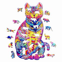 wooden puzzles for adults kids- cat puzzle wooden jigsaw puzzles for adults, unique animal shaped puzzles, family game