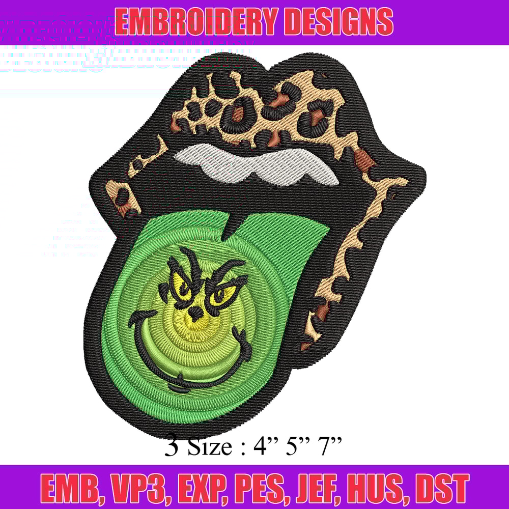 Leopard Lips Grinch Tongue Embroidery design, Grinch Embroidery, Grinch design, Embroidery file, Instant download..jpg