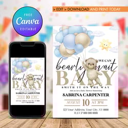 gender neutral bear baby shower invitation, we can bearly wait baby shower nvitation template canva editable
