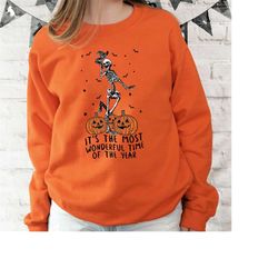 Halloween Skeleton Sweatshirt, The Most Wonderful Time Shirt, Fall Season Sweater, Pumpkin Shirt, Halloween Crewneck, Sp