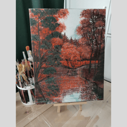 Autumn forest art acrylic painting, original art autumn landscape, unique wall decor autumn lake, handmade painting .
