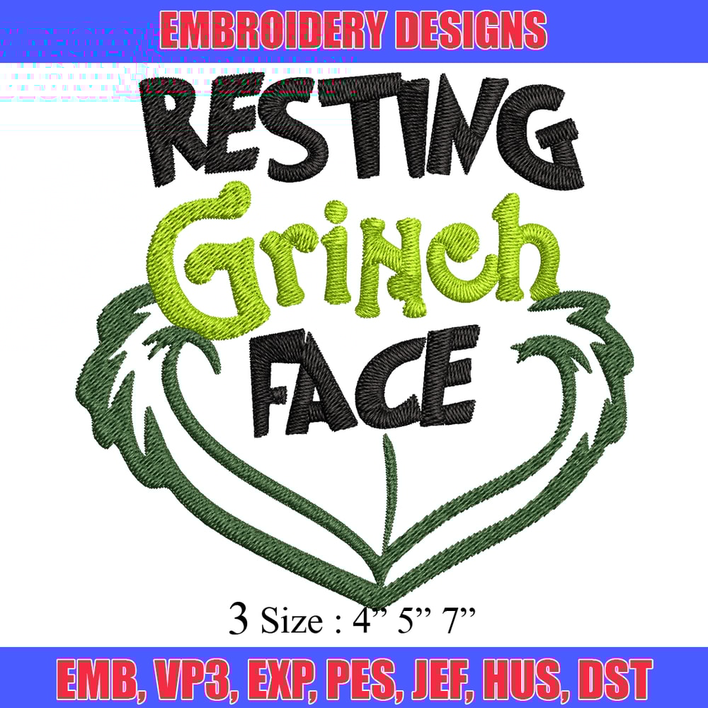 Resting Grinch Face Embroidery design, Grinch christmas Embroidery, Grinch design, Embroidery File, Instant download.jpg