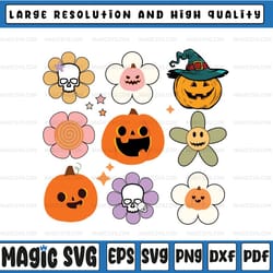 happy halloween svg, retro groovy flower svg, funny daisy flowers, boho flowers and pumpkins, happy halloween png, digit