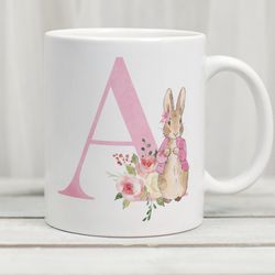 flopsy rabbit mug, alphabet letter mug, peter rabbit mug