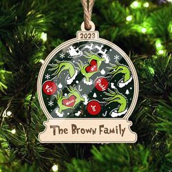 personalized grinch hand family ornament, grinchmas ornament, custom grinch family christmas ornament