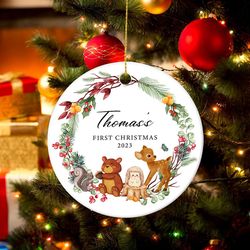 Baby First Christmas Decoration Woodland Animals, Personalized Baby Christmas Ornament