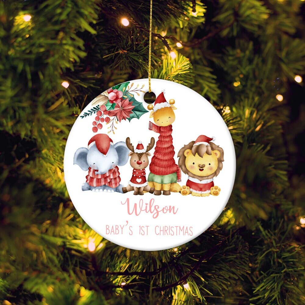 Baby's 1st Christmas Jungle Animal Ornament, Personalized Baby First Christmas Decoration, New Baby Christmas Gift, Baby Christmas Bauble - 1.jpg