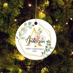 personalization baby first christmas ornament, custom baby name initial bauble