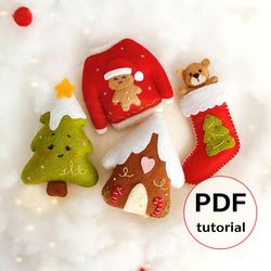 Felt Christmas garland hand sewing PDF tutorial with patterns, DIY Christmas tree toys ornaments, New year decoration