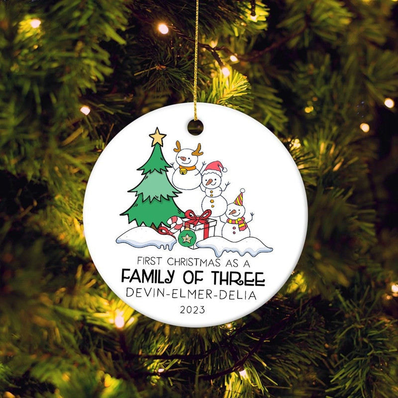 Personalized First Christmas as a Family of 3 Bauble, Custom Family of Three Christmas Ornament, Funny Snowman Family Christmas Decoration - 1.jpg