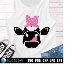 Cow with pink bandana SVG, Cow with tongue SVG, Cow SVG, Bandana svg