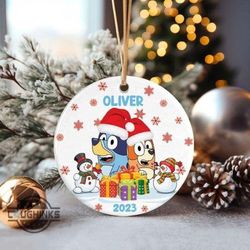 custom christmas bluey bingo ornament, bluey bingo family ceramic christmas ornament