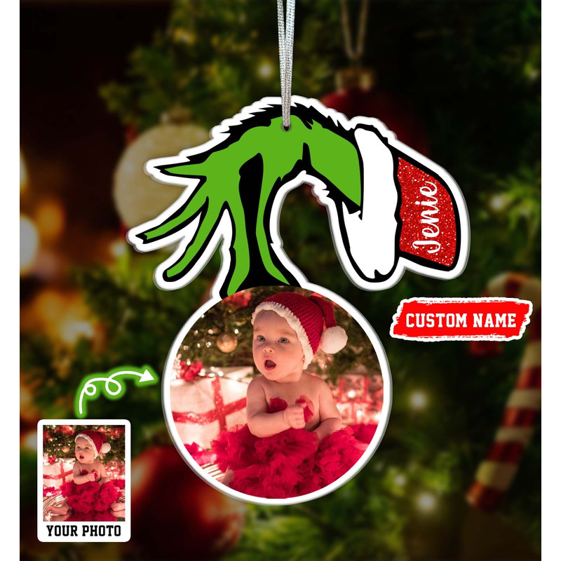 Custom Grinch Hand Ornament Christmas, Custom Name Grinch Ornament, Custom Photo Ornament , Picture Acrylic Ornament, Family Ornament - 1.jpg
