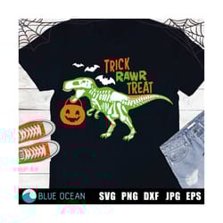 trick rawr treat svg, trick or treat svg, halloween dinosaur svg, dinosaur skeleton svg