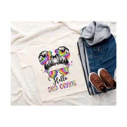 hello 3rd grade png, back to school png, tie dye messy bun png, third grade png, first day of school png, teacher apprec