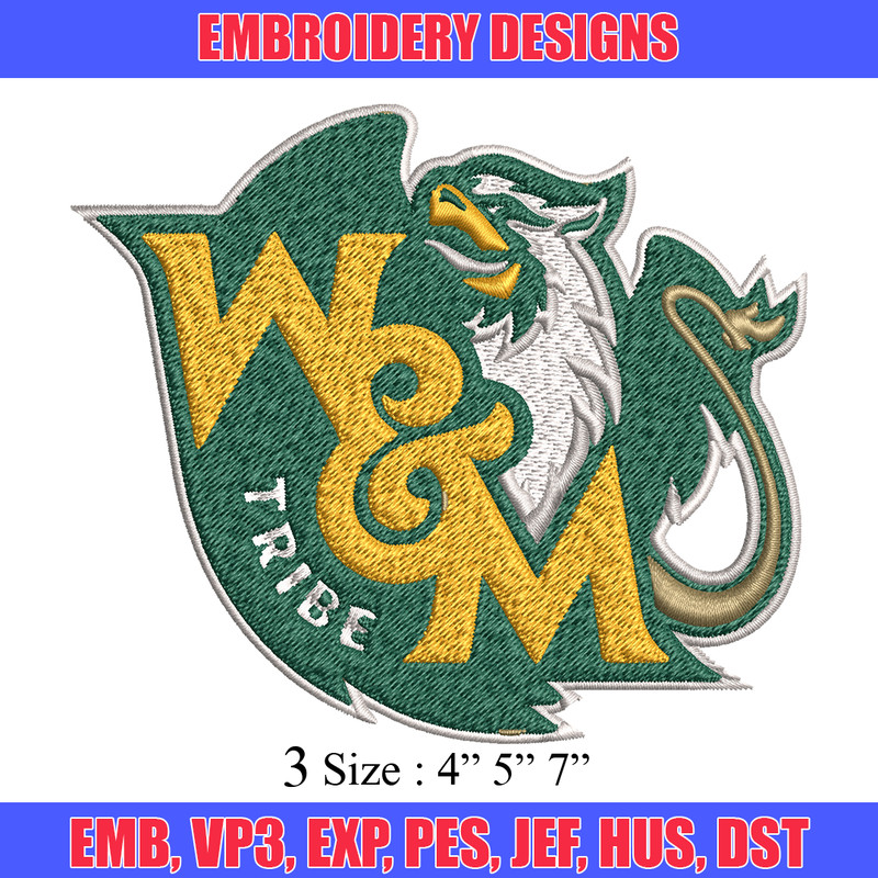 William and Mary Tribe embroidery design, William and Mary Tribe embroidery, Sport embroidery, NCAA embroidery..jpg