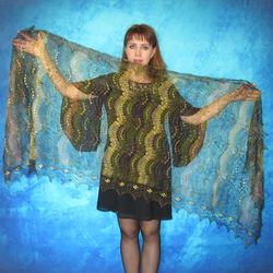 Green scarf with golden embroidery, Russian shawl, Orenburg stole, Knitted cover up, Wool wrap,Warm bridal cape,Kerchief