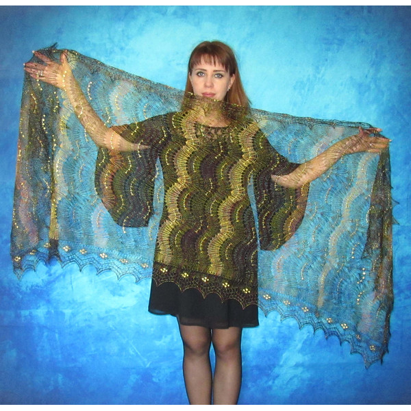 long green embroidered scarf for a woman, lace russian shawl, wool wrap, multicolored scarf, gift for her.JPG
