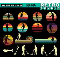 metal detector svg or treasure hunting metal detecting svg retro sunset bundle graphic art and detectorer silhouette - detectorist svg files
