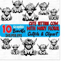 highland cow svg files - cute sitting highland cow with many floral svg graphic bundle instant digital downloads