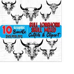 bull skull svg files - bull longhorn skull artwork svg graphic bundle instant digita downloads