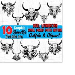 bull skull svg files - bull longhorn skull mixed with nature art svg graphic bundle instant digita downloads