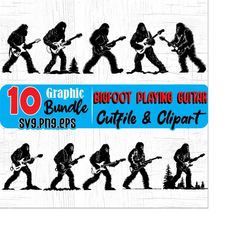 bigfoot svg files - bigfoot playing electric guitar silhouette guitarist guitar player theme svg graphic bundle instant digital downloads
