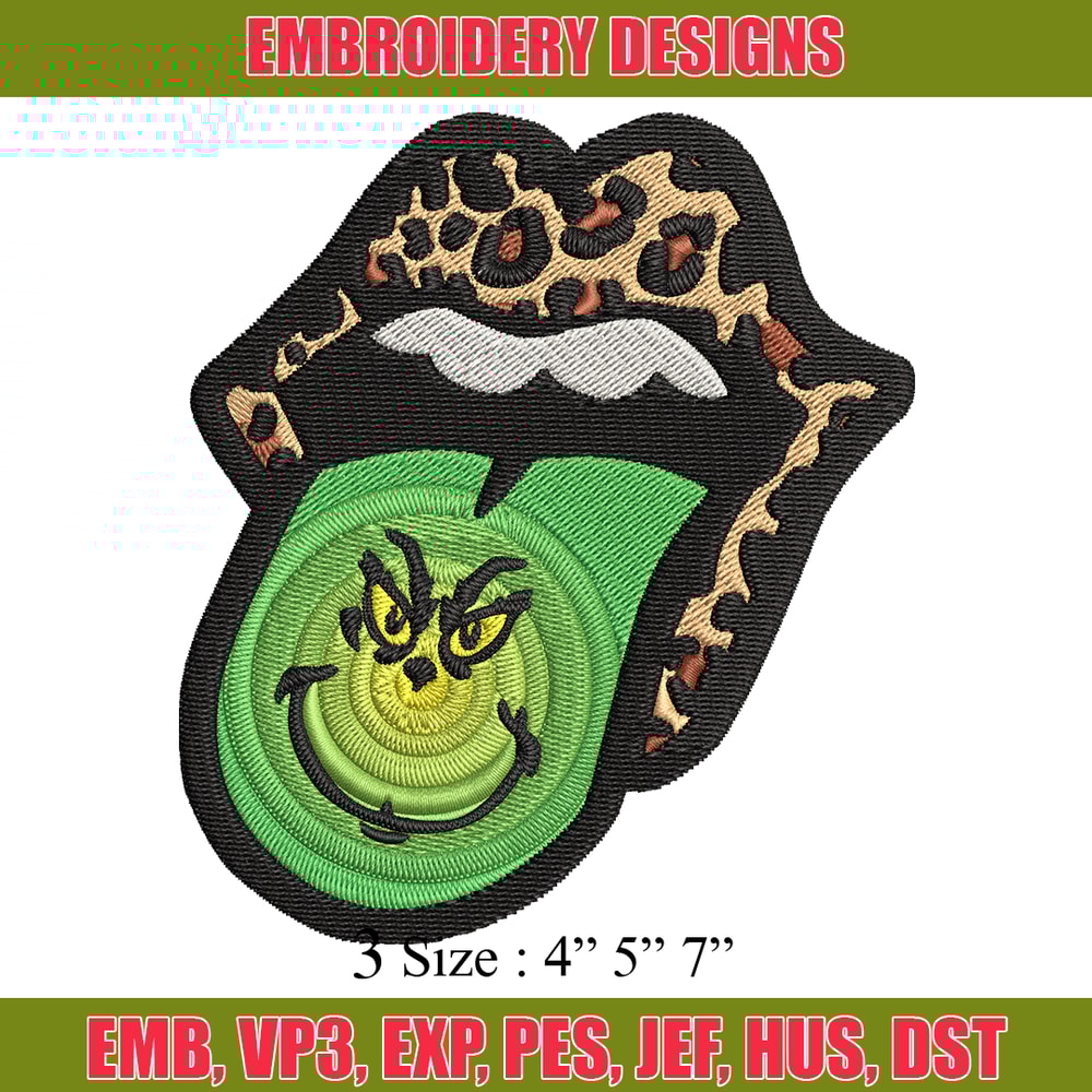 Leopard Lips Grinch Tongue Embroidery design, Grinch Embroidery, Grinch design, Embroidery file, Instant download..jpg