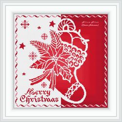 Cross stitch pattern panel Christmas tree Boot sock Poinsettia Snowflake silhouette monochrome holiday New Year flower
