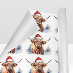Highland Wooly Cow with Santa Hat Christmas Gift Wrapping Paper 58"x 23" (1 Roll)
