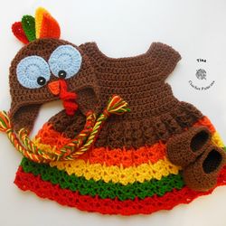 CROCHET PATTERN - Turkey Hat, Dress and Shoes Outfit | Thanksgiving Day Baby Photo Prop | Crochet Halloween Costume